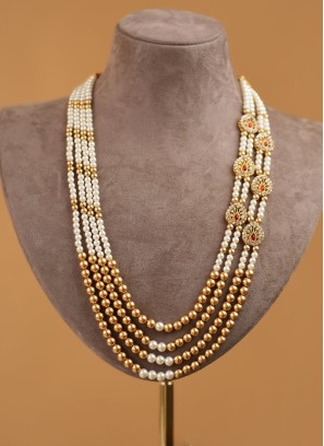 Four Layered White And Golden Long Mala With Pearl