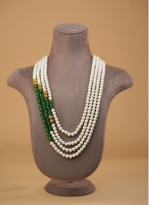 Four Layered White And Green Long Mala With Pearl