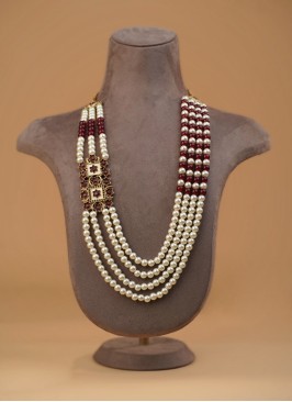Four Layered White And Maroon Pearl Mala