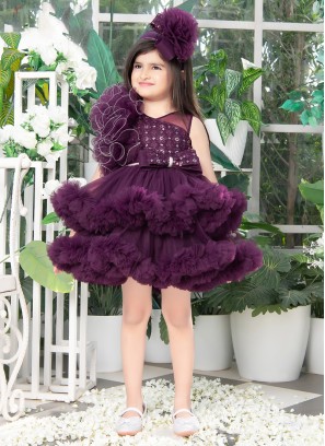 Frill Pattern Layered Short Frock In Wine