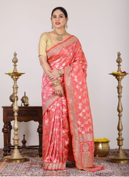 Gajari Pink Banarasi Silk Saree With Unstitched Blouse