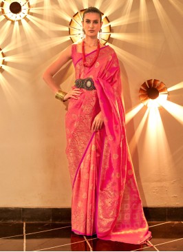 Gajari Pink Handloom Silk Designer Saree