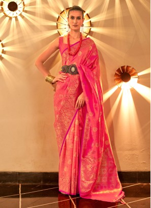 Gajari Pink Handloom Silk Designer Saree
