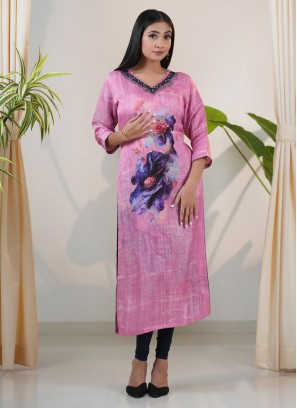 Gajji Silk Pink Floral Printed Kurti With Embroidered Neckline
