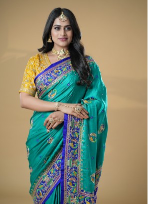 Gajji Silk Rama Green And Blue Gharchola Saree