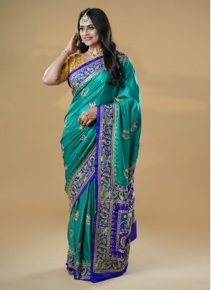 Gajji Silk Rama Green And Blue Gharchola Saree