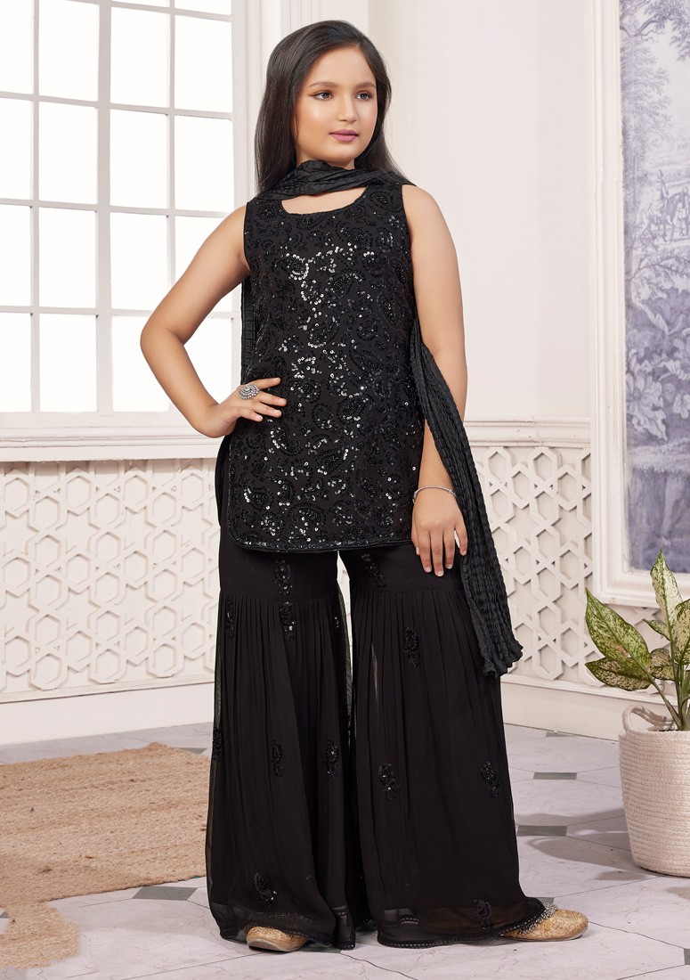 Charming Black Georgette Salwar Kameez With Heavy popular Embroidery Sequins Work And Georgette Dupatta For Women, Black Salwar Kameez, Sharara Set