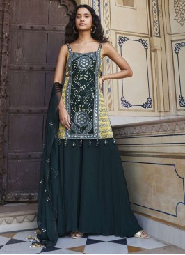 Georgette Designer Palazzo Suit In Green And Yellow