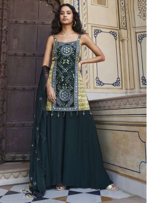 Georgette Designer Palazzo Suit In Green And Yellow