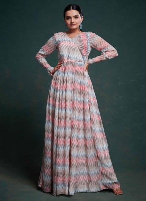 Georgette Multi Color Zig Zag Printed Readymade Gown