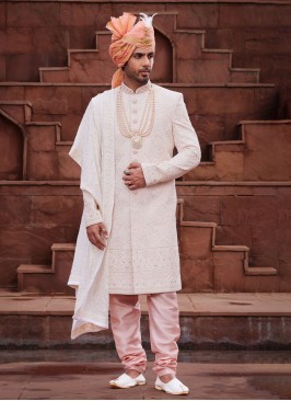 Georgette Peach Embroidered Sherwani With Dupatta