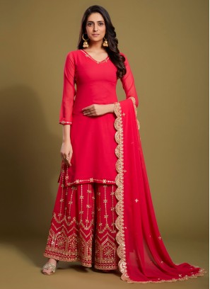 Red Embroidered Palazzo Set With Dupatta