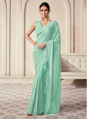 Stunning Light Sea Green Georgette Contemporary Saree