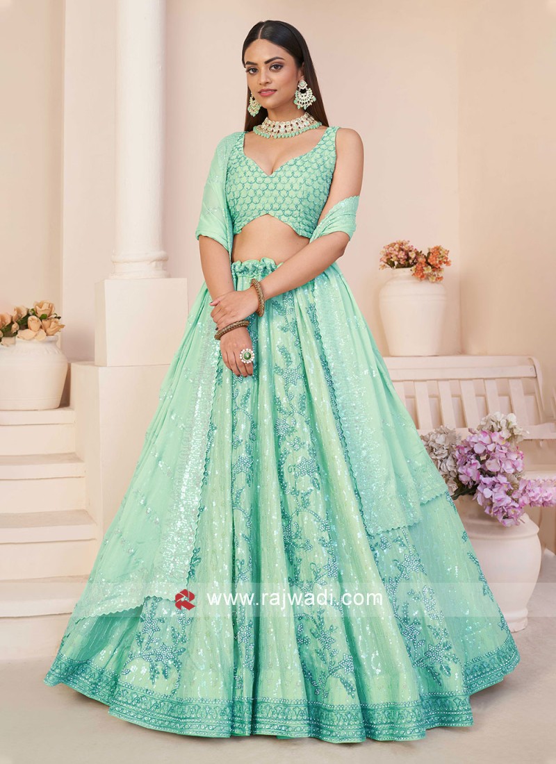 Turquoise sequins, resham, zari, dori, zarkan, gota, embroidered organza  Semi Stitched Lehenga - MEGHALYA - 3705040