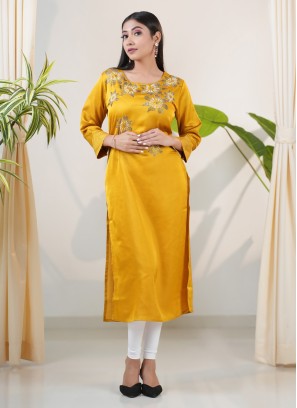 Yellow Cutdana Embroidered Kurti In Satin Silk