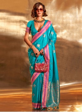 Glamorous Satin Silk Weaving Sky Blue Classic Saree