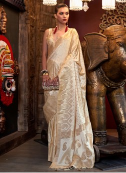 Cream Woven Wedding Wear Satin Silk Saree