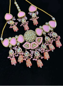 Gold Finish Stone Studded Pink Choker Necklace Set