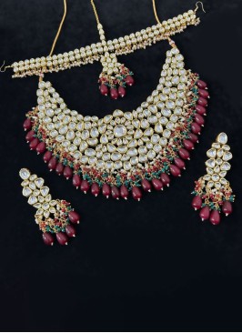 Gold Plated Kundan Studded Maroon Necklace Set