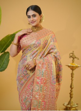 Golden And Gajri Pink Zardosi Embroidered Kanjivaram Silk Bridal Saree