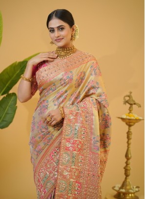 Golden And Gajri Pink Zardosi Embroidered Kanjivaram Silk Bridal Saree