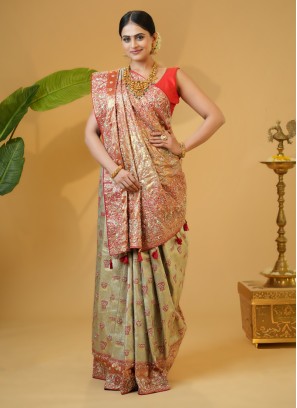 Golden And Maroon Kanjivaram Silk Wedding Saree