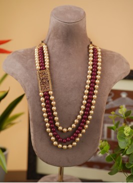 Golden And Maroon Pearl Layered Mala For Men