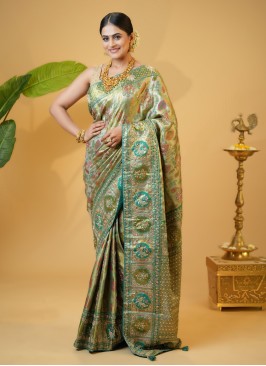 Golden And Rama Green Kanjivaram Silk Embroidered Saree