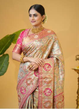 Golden And Rani Kanjivaram Silk Embroidered Saree