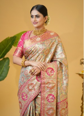 Golden And Rani Kanjivaram Silk Embroidered Saree