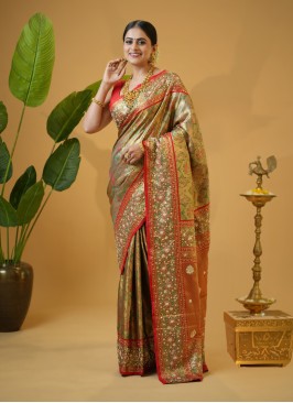 Golden And Red Embroidered Kanjivaram Silk Wedding Saree