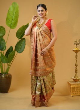 Golden And Red Kanjivaram Silk Saree With Zardosi Embroidery