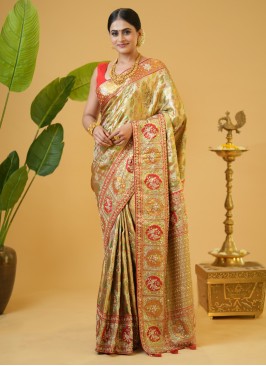 Golden And Red Zardosi Embroidered Kanjivaram Silk Classic Saree