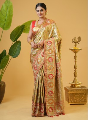 Golden And Red Zardosi Embroidered Kanjivaram Silk Classic Saree