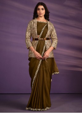 Golden Brown Jacket Style Saree With Designer Choli