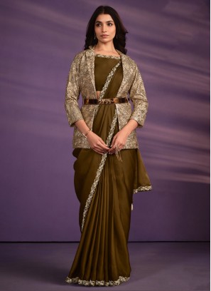 Golden Brown Jacket Style Saree With Designer Choli