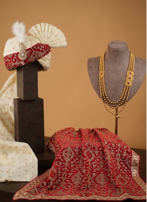 Golden Cream And Red Thread Embroidered Rajwadi Safa, Dupatta And Mala