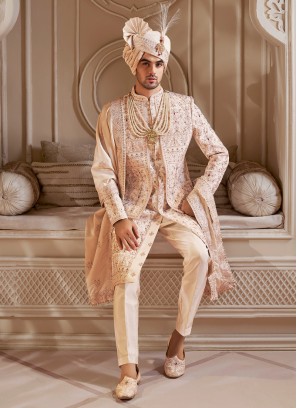 Golden Cream Art Silk Jacket Style Sherwani With Dupatta