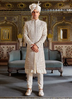 Golden Cream Heavy Embroidered Silk Sherwani Set F