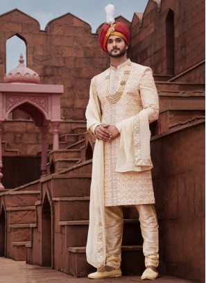 Golden Cream Sherwani with Exquisite Embroidery Work