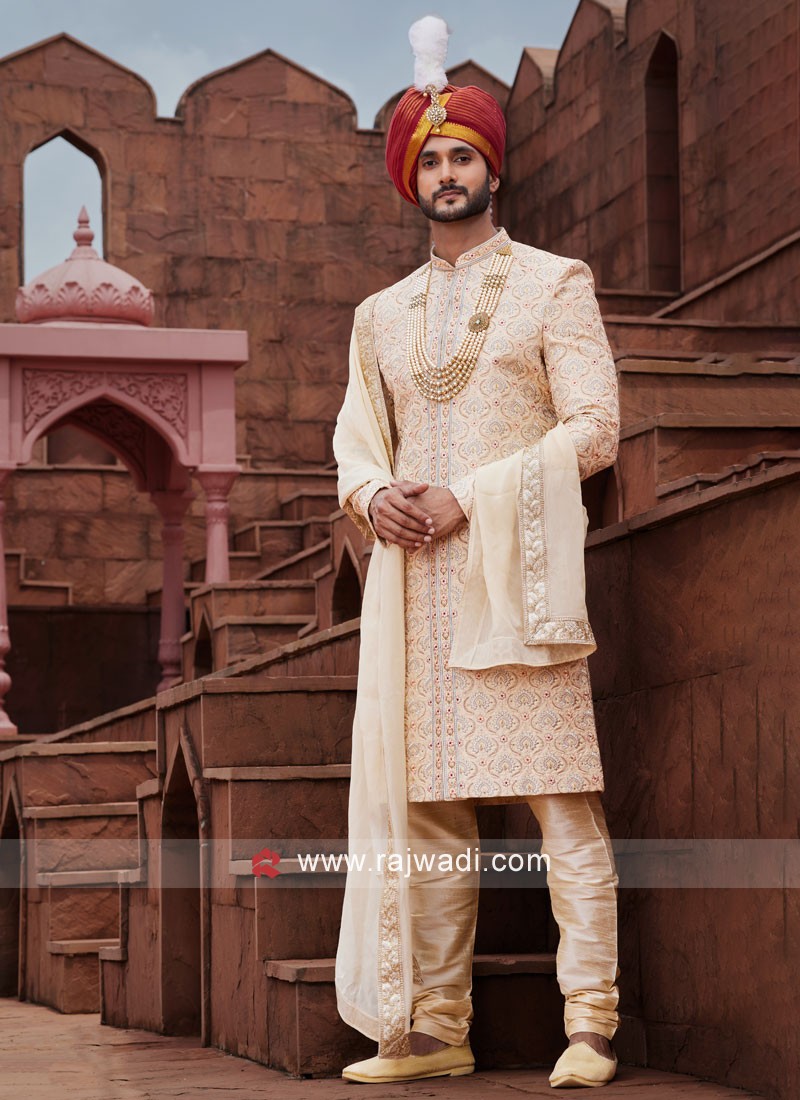 Golden Cream Sherwani with Exquisite Embroidery Work