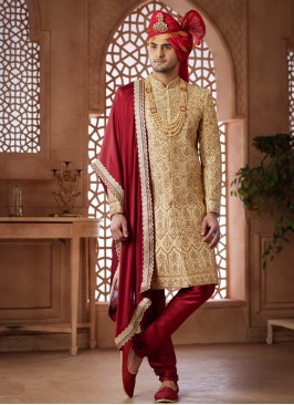 Golden Embroidered Sherwani Set In Jacquard Silk