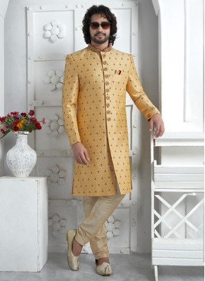 Golden Georgette Sherwani Set With Zardosi Embroidery