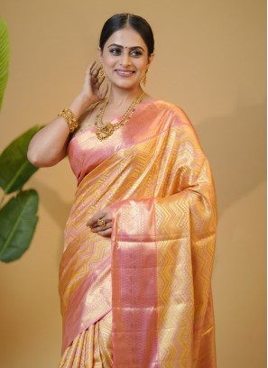 Golden Yellow And Pink Woven Kanjivaram Silk Contemporary Saree