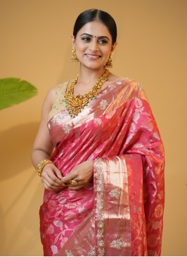 Gorgeous Gajri Pink Banarasi Silk Wedding Saree