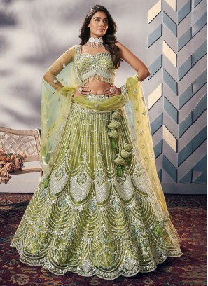 Shimmering Light Green Lehenga Choli with Antique Embellishments