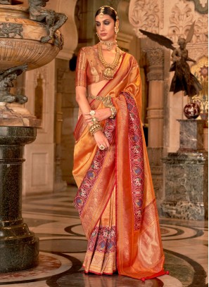 Gorgeous Orange & Red Banarasi Silk Classic Saree