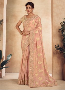 Gorgeous Peach Zari Embroidered Silk Saree