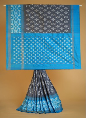 Gorgeous Grey and Turquoise Pure Silk Saree With Patola Work