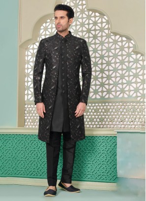 Graceful Black Thread Embroidered Indowestern Set For Men